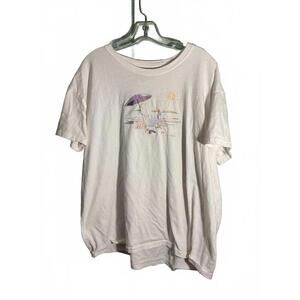 Top Stitch White Short Sleeve T-Shirt with Beach Scene Embroidery 2X